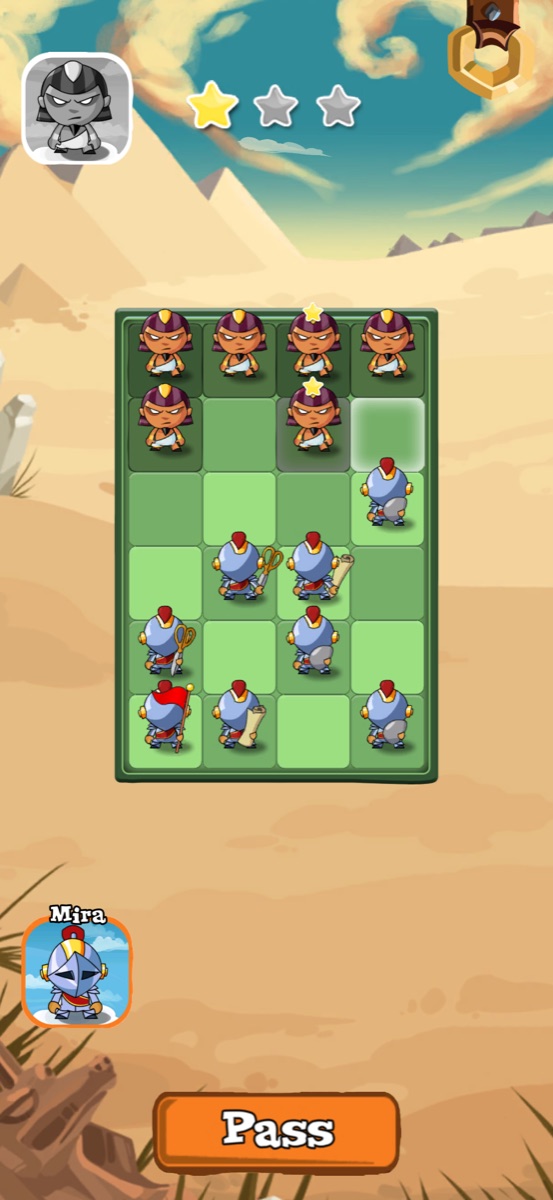 The Act 1 board on a tall phone, Mira&rsquo;s portrait in colour and the Egyptian portrait greyed out while it is his turn