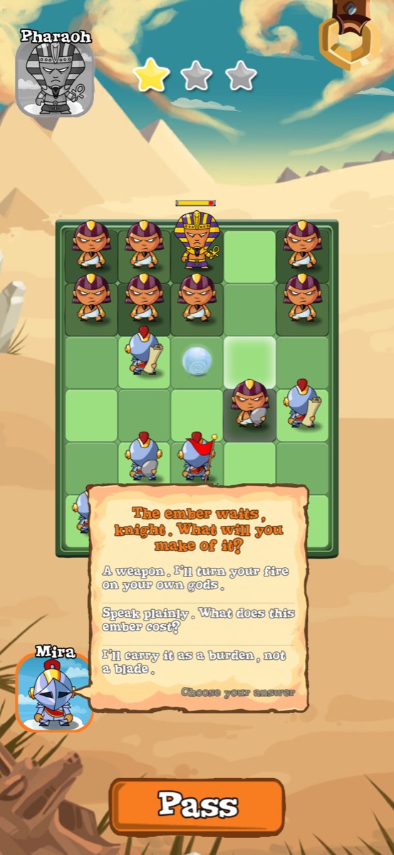 The Pharaoh boss scene, with three replies to choose from