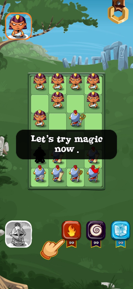 A tutorial tip reading &ldquo;Let&rsquo;s try magic now&rdquo; with a pointing hand on the fire spell button